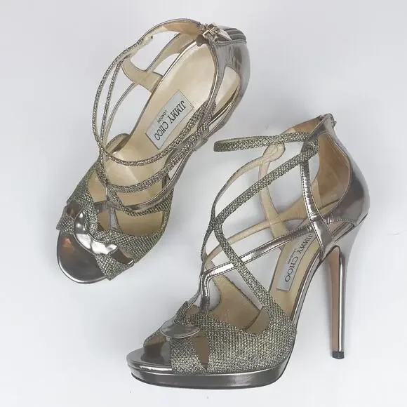 Jimmy Choo Metallic Sparkle & Leather Vermeil Caged Strappy Heel Sandals - Picture 7 of 10